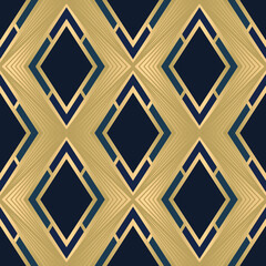 Seamless geometric pattern in art deco style blue and gold vector background, wallpaper, fabric 