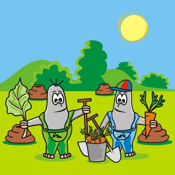 two moles, gardeners, vector humorous illustration