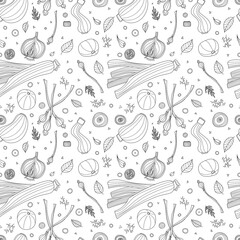 Seamless pattern of vegetables vector illustration in scandinavian style. Linear graphic. Vegetables background. Healthy food isolated on white background.
