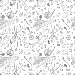 Seamless pattern of vegetables vector illustration in scandinavian style. Linear graphic. Vegetables background. Healthy food isolated on white background. © Iuliia