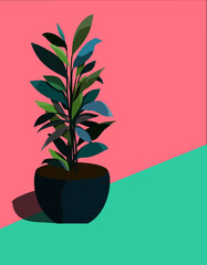 A pot of tropical tree, green and blue green shade, put on the blight blue floor and beautiful pink color wall. Vector image.