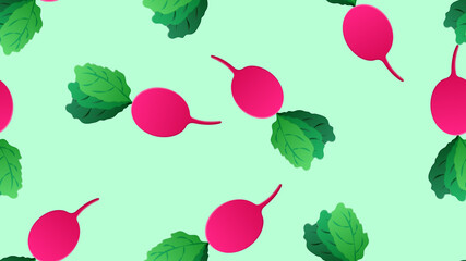 radish on a green background, illustration, pattern. oblong radish, a healthy vegetable for salads. color pattern, decor and wallpaper design. colored bright radish for food