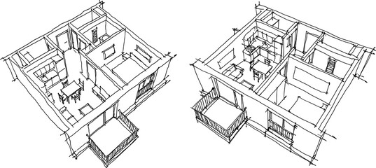 two hand drawn sketches of Perspective cut away diagram of a one bedroom apartment completely furnished 