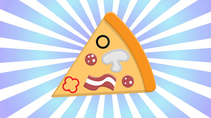 slice of pizza on thin dough, on a blue and white retro background, illustration. pizza stuffed with mushrooms, sausages, cheese and herbs. fast food snack
