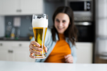 Woman Drinking Beverage Beer In Video Conference