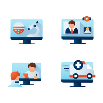  Telehealth flat icons set. Healthcare organizations platforms. Remote healthy check. Telemedicine, health care concept. Online medical examinations. Color vector illustration with shadow