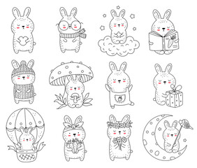 Vector collection of line drawing cute rabbits. Doodle illustration. Easter
