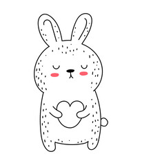 Vector line drawing cute rabbit with heart. Doodle illustration. Easter