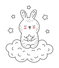Vector line drawing cute rabbit with cloud and stars. Doodle illustration. Easter