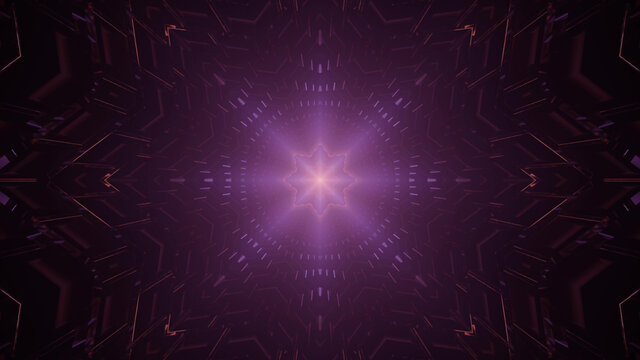 3D Rendering Of Futuristic Bright Neon Purple Star Shaped Fractal Particles