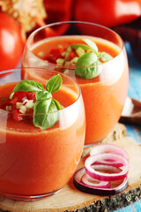 Cold Spanish soup Gazpacho served in glasses