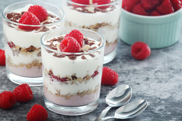 Granola with yogurt trifles with raspberry
