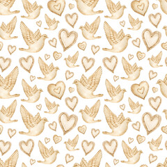 Watercolor seamless pattern of brown hearts and doves. Valentine's day vintage background. Hearts pattern.