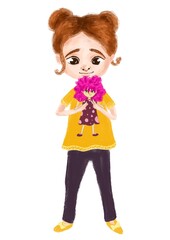 Cute little girl in yellow shirt with paper doll with pink hair - digital illustration