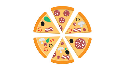 pizza with toppings on a white background,  illustration. a lot of pizza slice with different toppings of salami with lard, olives, bacon and vegetables. fast food snack, salty food