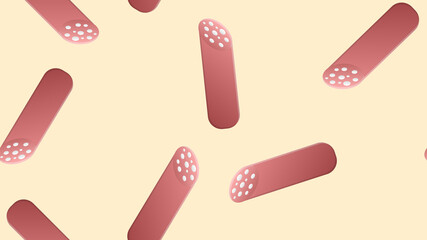 salami on a pink background, illustration, pattern. meat sausage with bacon. pattern, seamless illustration, background, decorative wallpaper