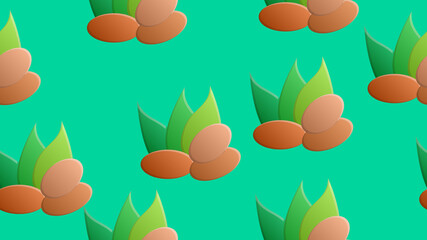 nuts on a green retro background, illustration, pattern. nuts lie on the ground, under green oblong leaves. healthy food, weight loss, eco products, seamless illustration, wallpaper