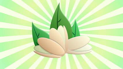 nuts on a white-green retro background, illustration, neon. nuts lie on the ground, under green oblong leaves. peeled pistachios. appetizer to the table, strong drinks