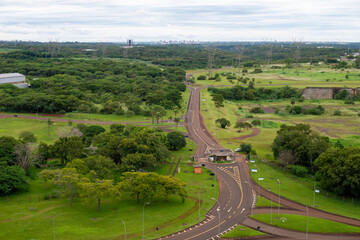Foz do Iguaçu, Brazil - January 26, 2021: Panoramic view of the Itaipu hydroelectric plant with...