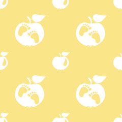 Seamless pattern with white apples and baby feet on yellow background. Funny cute endless backdrop vector illustration	