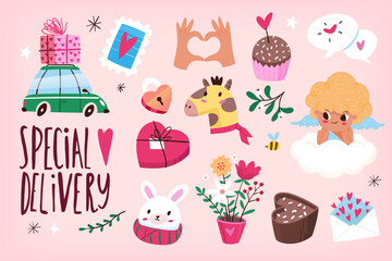 Cute graphic elements for posters, greeting cards, flyers labels banners and invitations for Valentine's Day party. Cupids hearts diamond and sweet animals. Isolated vector elements, 4/5