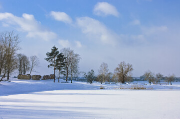 winter landscape. in the photo, a snow-covered pond against a blue sky