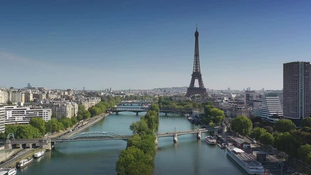 summer day paris city famous central river traffic bridge tower district aerial panorama 4k france