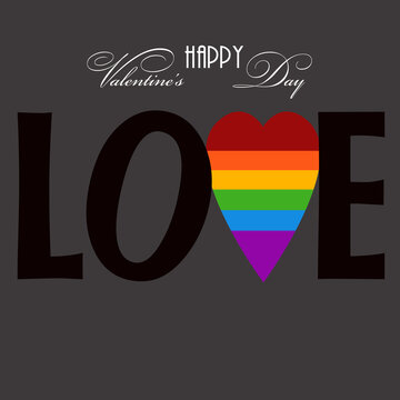 Square Valentine's card with word "love" with rainbow heat instead of letter "v" in it on dark grey background with additional inscription HVD.