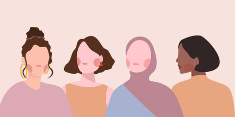 Female diverse faces of different ethnicity poster. Women empowerment movement . International women's day graphic in vector.