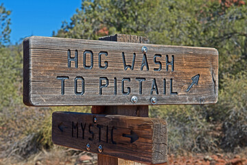 Signposts on the trail system around Sedona, Arizona, show hikers and bikers the way to the various trails.