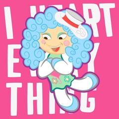 Illustration vector cute doll with text and background for fashion design