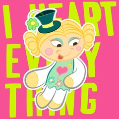 Illustration vector cute doll with text and background for fashion design