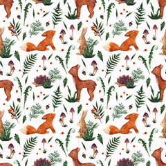 Seamless pattern with forest animals and botany