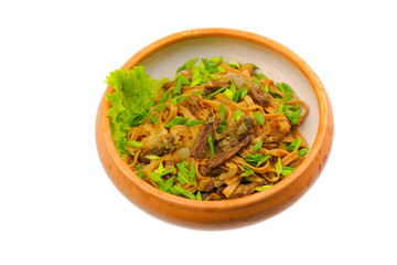 Photo of food for the menu. Catalog shooting of the restaurant menu. Product data survey. Dish on a plate on a white background