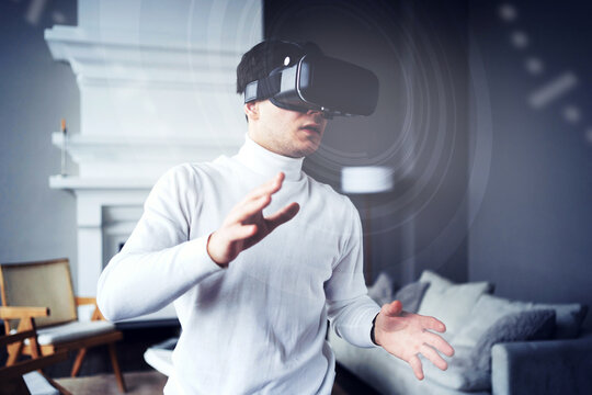 3d glasses of black color on the face. 5G data transmission modern digital technology is available. the programmed screen graph is in the air. works in virtual reality - Powered by Adobe