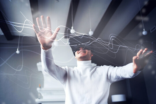 5G data transmission modern digital technology is available. the programmed screen graph is in the air. works in virtual reality.3d glasses of black color on the face.