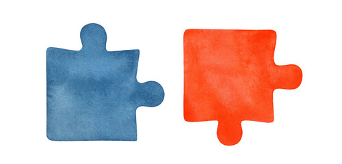 Watercolor illustration set of two jigsaw puzzle pieaces. Cold blue and warm orange colors. Hand painted watercolour sketchy drawing on white background, cutout clip art elements for creative design.