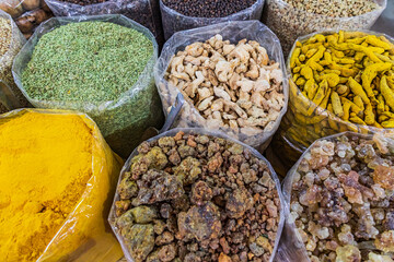 Food and spices for sale in the souk in Nizwa, Oman.