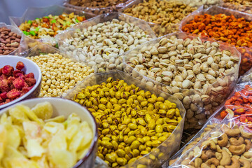 Pistachios and other nuts for sale in the souk in Nizwa, Oman.