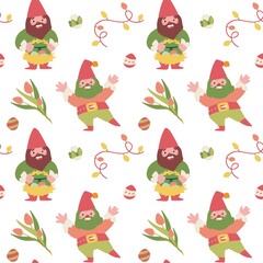 Сheerful stylized pattern with gnomes, easter eggs and a bouquet of tulips on a white background