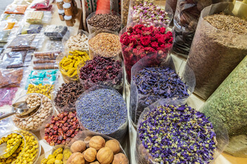Dried food and herbs for sale in the souk in Nizwa, Oman.