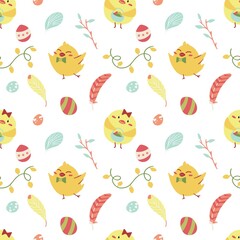 Bright children's pattern in yellow, blue and orange colors with chickens, feathers, garland and Easter eggs on a white background