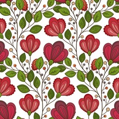 Seamless Pattern with Abstract Flowers and Leaves. Endless Texture with Floral Motifs. Nature Inspired Abstract Elements. Fabric Textile, Wrapping Paper, Wallpaper. Vector Contour Illustration