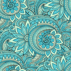 Colored Seamless Pattern with Floral Motifs. Endless Texture with Flowers, Leaves and Swirls. Natural Background in Doodle Style. Elegant Ornaments. Vector Contour Illustration. Abstract Ornate Art