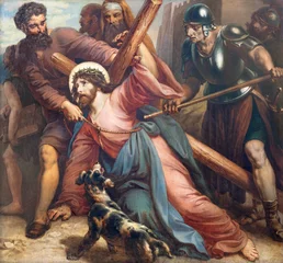 Foto auf Acrylglas VIENNA, AUSTIRA - OCTOBER 22, 2020: The painting fall of Jesus under the cross in church St. Johann der Evangelist by Karl Geiger (1876). © Renáta Sedmáková