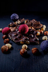 Chocolate candy truffle with chocolate pieces and flying cocoa powder on a dark background