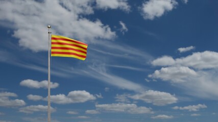 Catalonia flag waving in wind and blue sky. Catalan banner cloth texture blowing