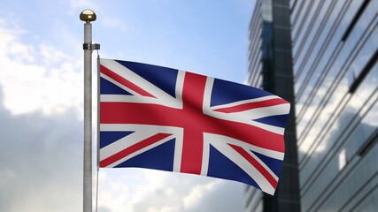 Fototapeta na wymiar United Kingdom flag waving in the wind at modern city. Britain banner blowing