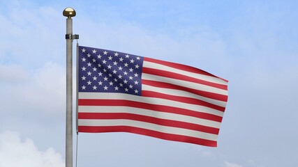 American flag waving in wind with blue sky cloud. USA banner blowing, soft silk.