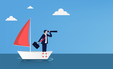Businessman standing with telescope on the sailboat. Business vision vector illustration